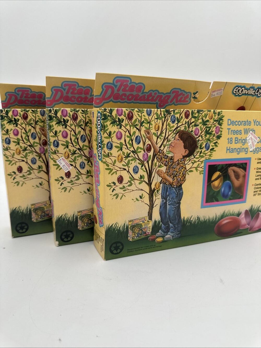 3- Vintage Eggsville USA Bright Plastic Hanging Easter Egg Tree Hanging Kits
